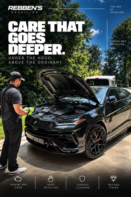 Juan Felipe cleaning the engine bay of a black Lamborghini Urus