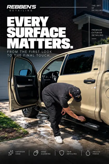 Juan Felipe cleaning the running board of a tan Toyota Tundra