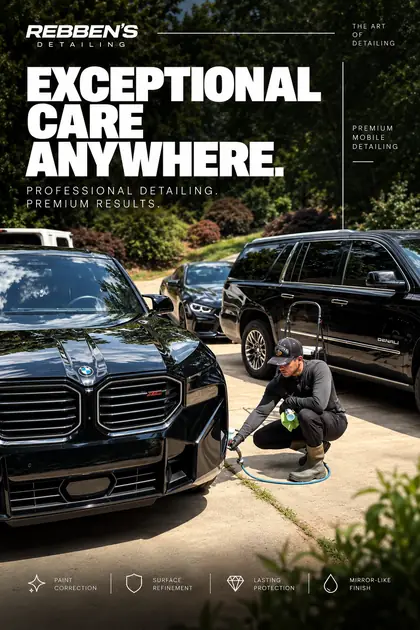 Juan Felipe cleaning the wheels of a black BMW XM